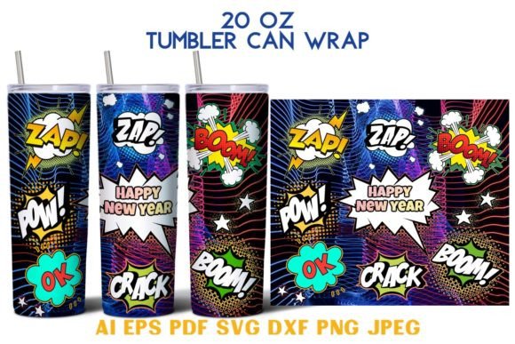 20 Oz Tumbler Graphics: Happy New Year Comics SVG Wraps