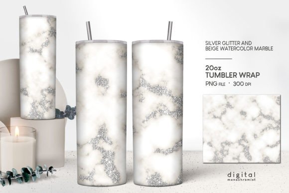 Silver Glitter Beige Marble Tumbler